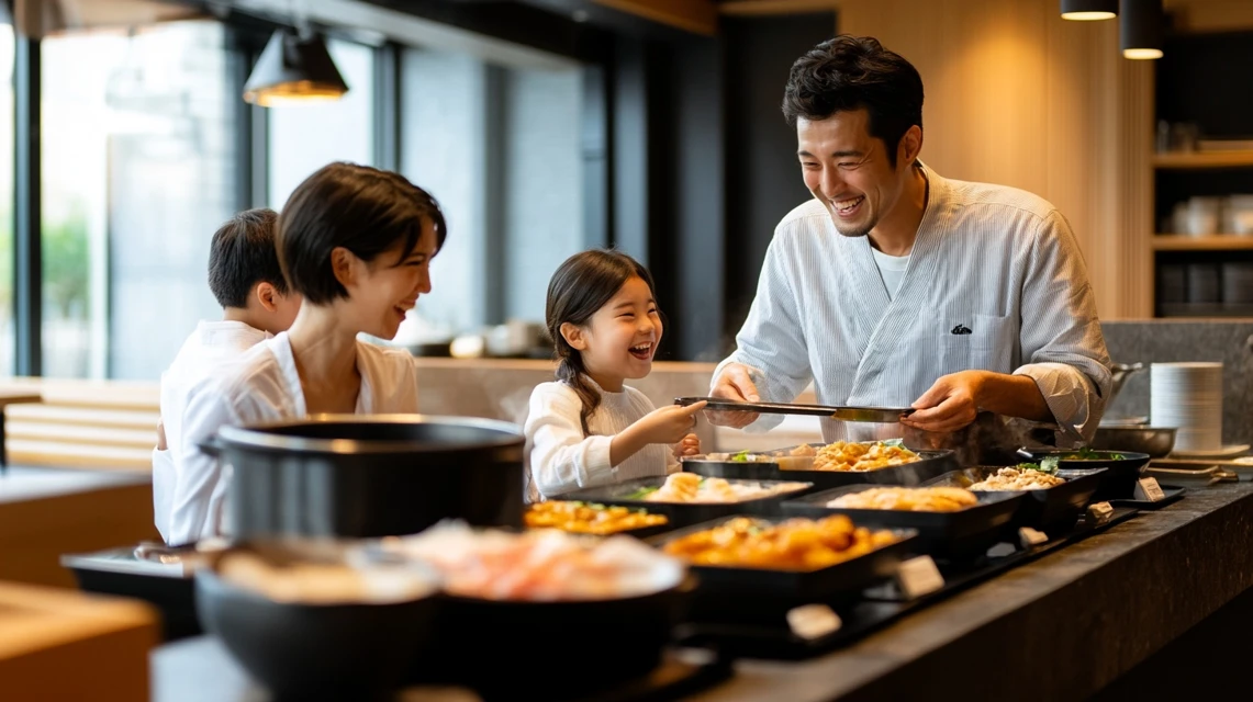家族がしゃぶしゃぶ食べ放題を楽しむ笑顔の様子