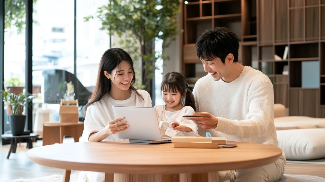 家族がリビングでネットショッピングを楽しむ
