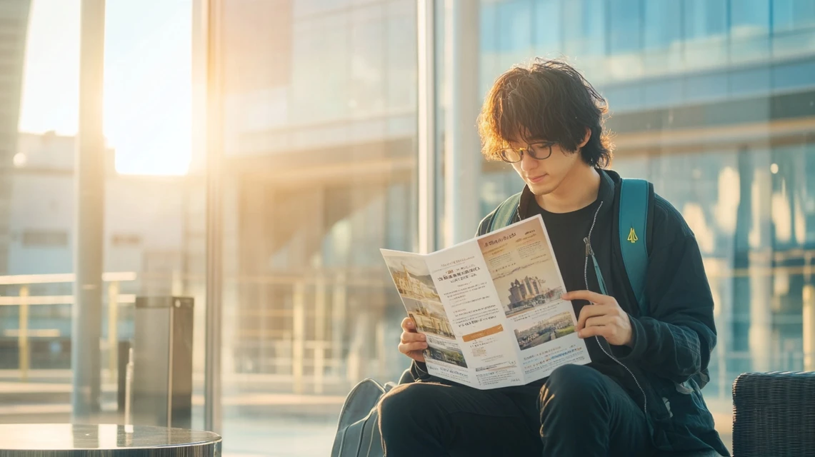 亀の井ホテルのパンフレットを読む日本人旅行者