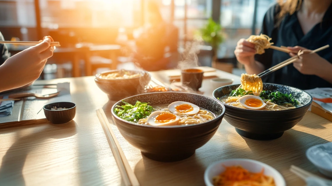 丸源ラーメンのクーポンと特典を使って食事する家族