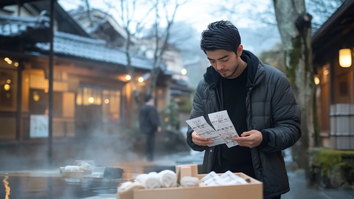 温泉料金を比較しコスパを考える日本人男性の様子