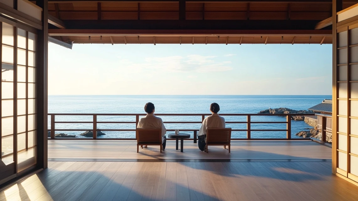 観光地で絶景を眺める日本人カップルの旅のひととき