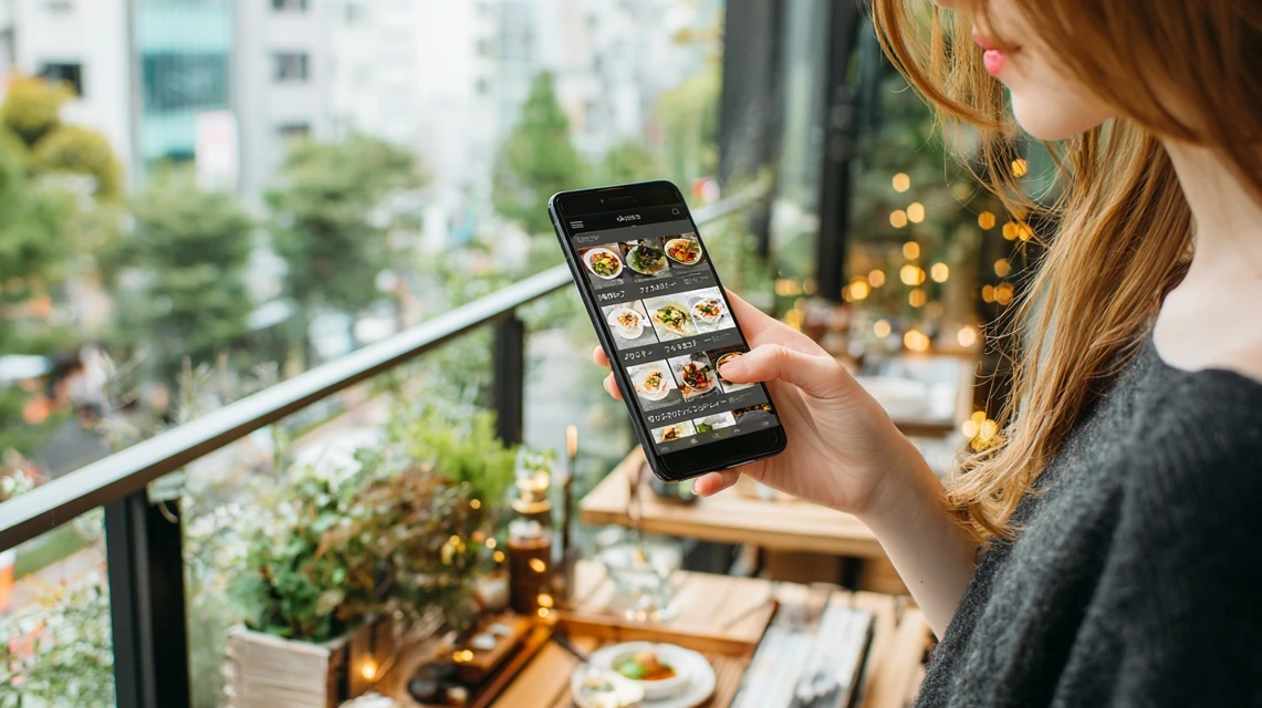 スマホでサイゼリヤのJAF優待一覧を探す日本人女性