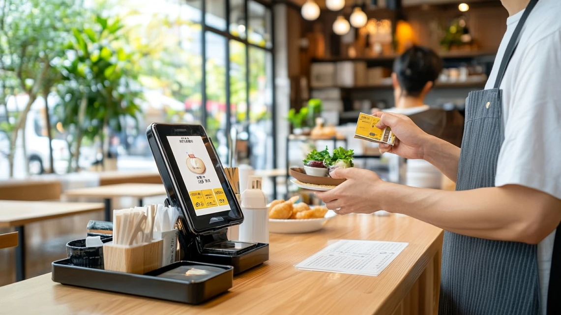 スマホでモスバーガーのdポイント決済を行う日本人男性