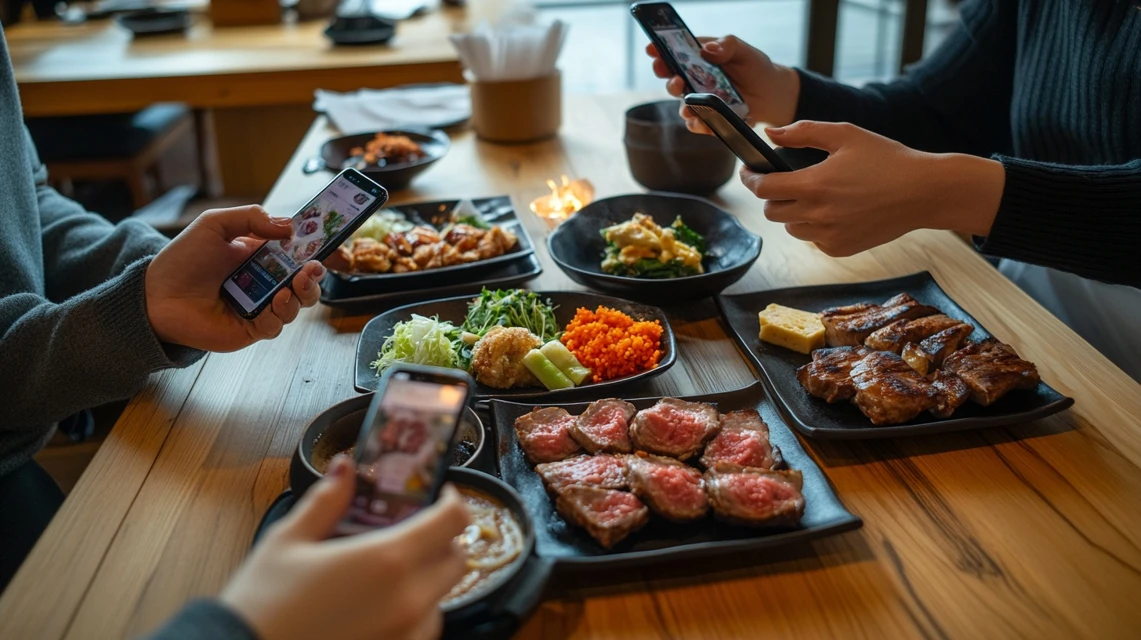 牛角の20%OFFクーポンを取得して節約する日本人グループ