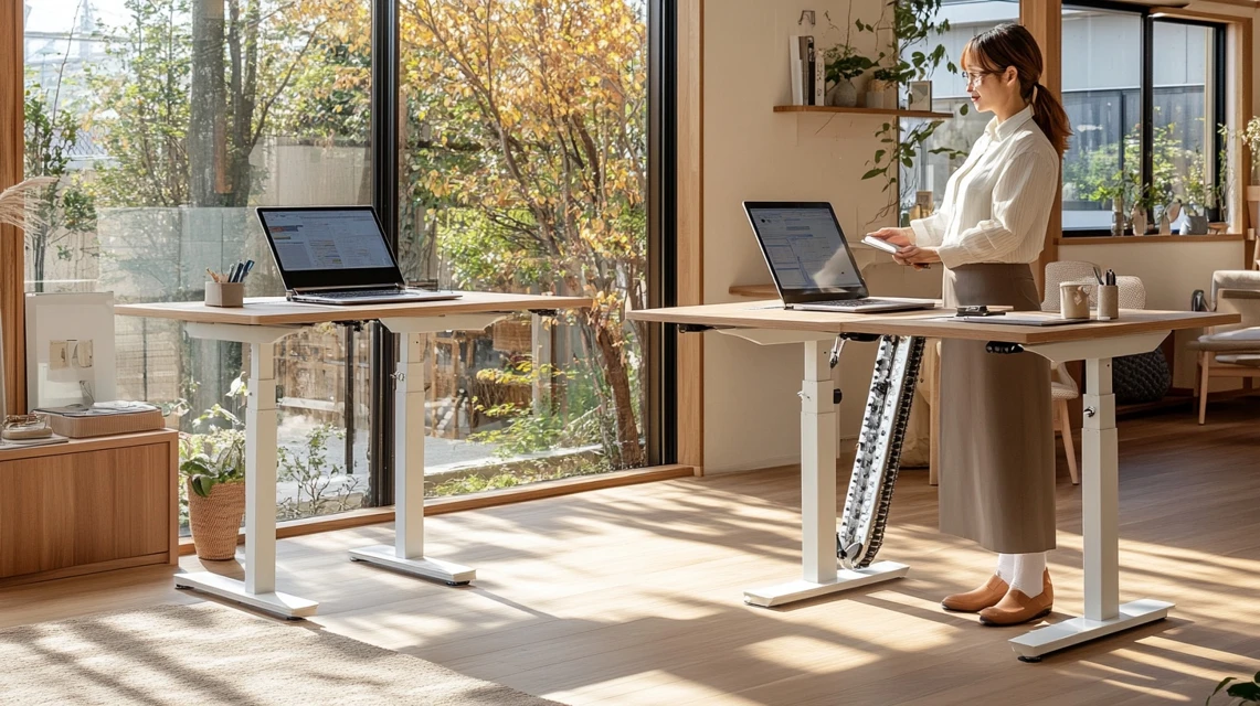 flexispot e7とe7 proを並べて比較する日本人オフィスワーカー
