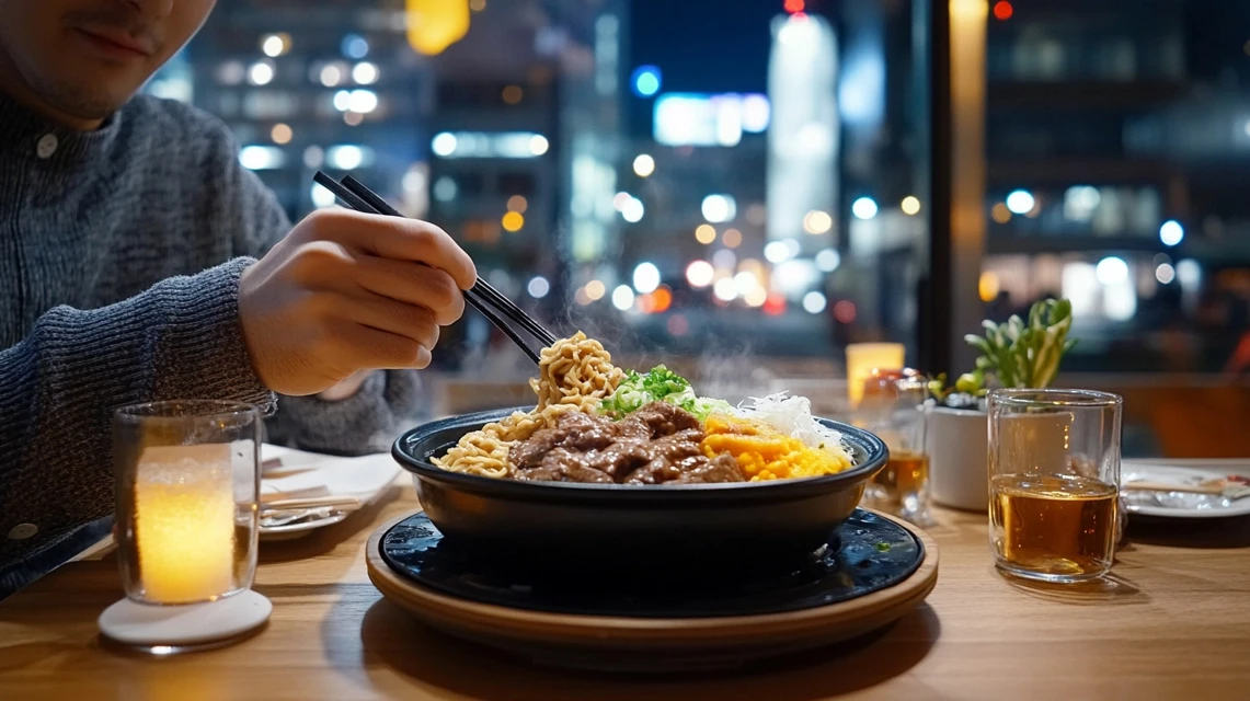 夜の吉野家で200円クーポンを使う日本人客の穏やかな時間
