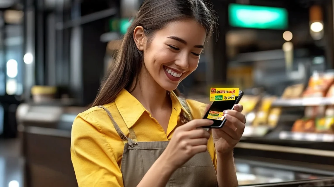 KODOアンケートでマクドナルドデリバリーの無料クーポンを取得する女性
