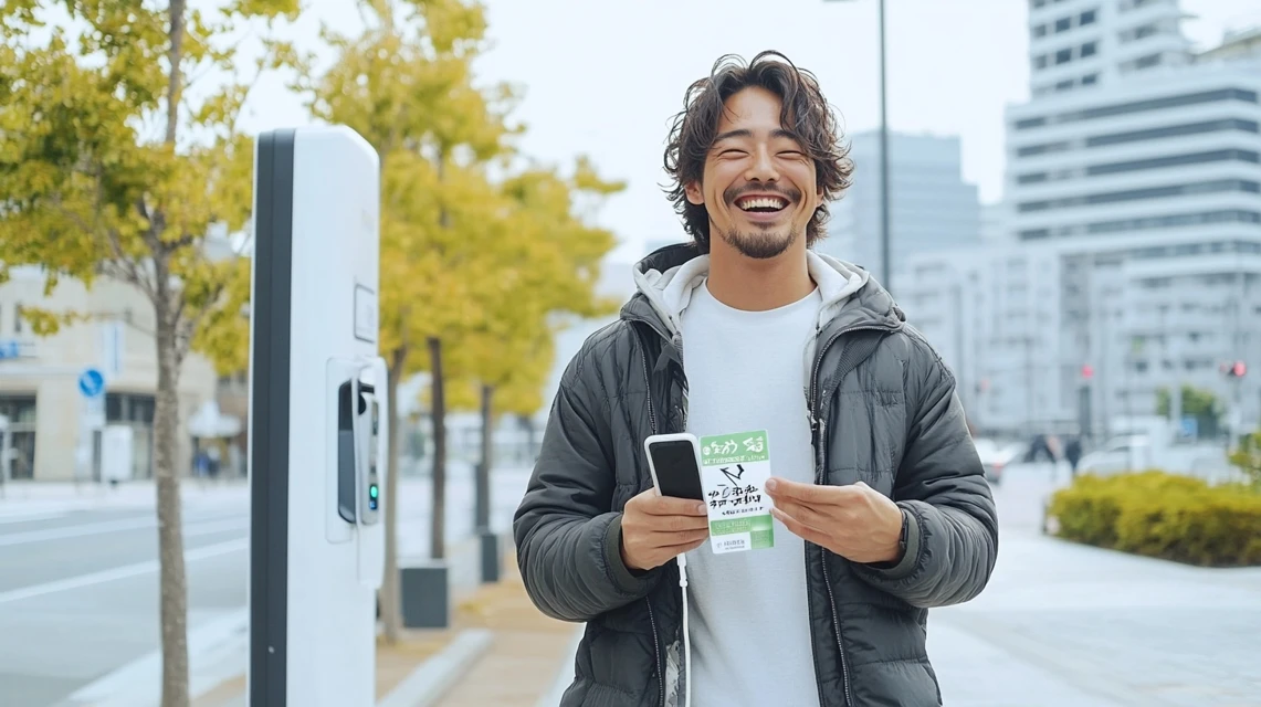 チャージスポット初回クーポンで充電後に笑顔の日本人男性
