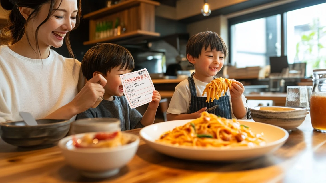 ジョリーパスタで無料クーポンを使い笑顔の日本人家族