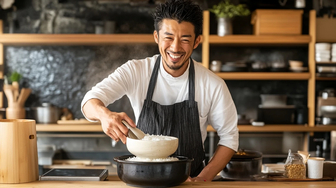 松のやでご飯をおかわりする日本人男性の食事風景