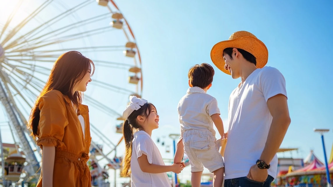 晴天のラクテンチを楽しむ日本人家族の笑顔の風景