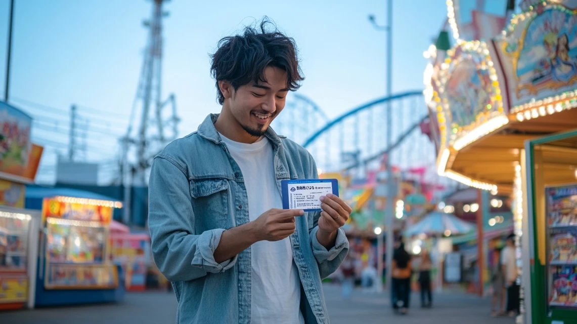 JAF優待でラクテンチ半額クーポンを使う日本人男性