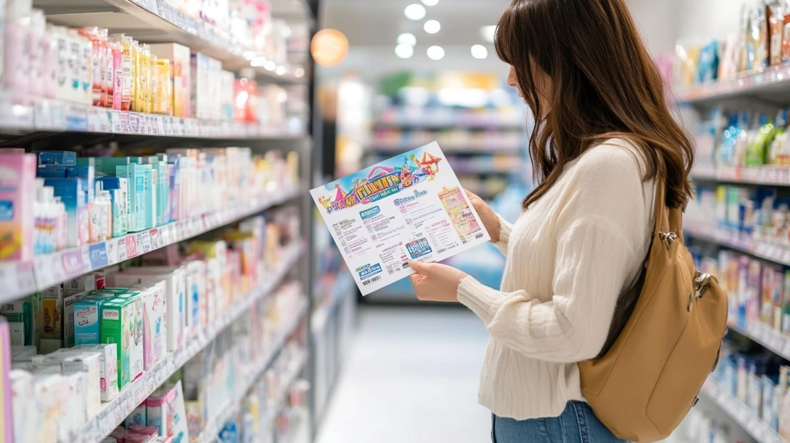 母親が薬局で割引券を手に取る様子