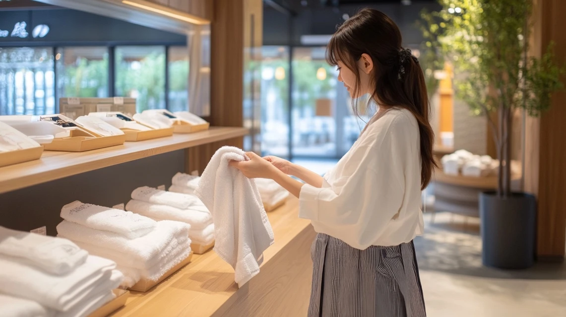 タオルをレンタルするアルゴの湯利用者
