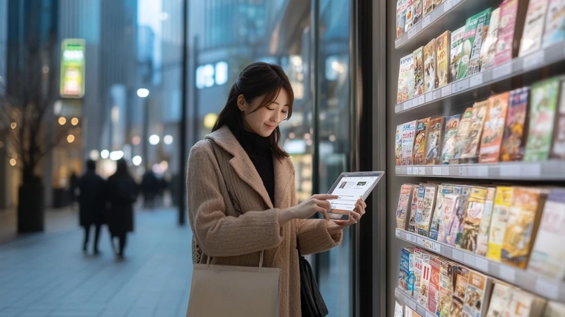 丸源ラーメンのクーポン情報をパソコンで調べる日本人女性