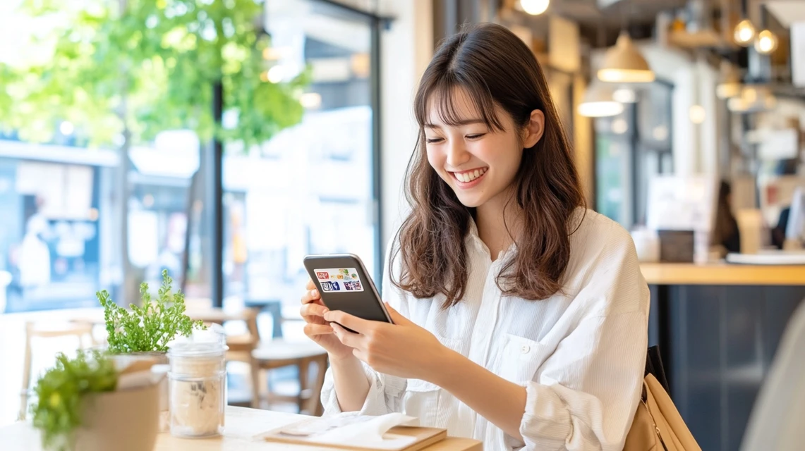 女性がスマホ画面のポイント表示を確認中