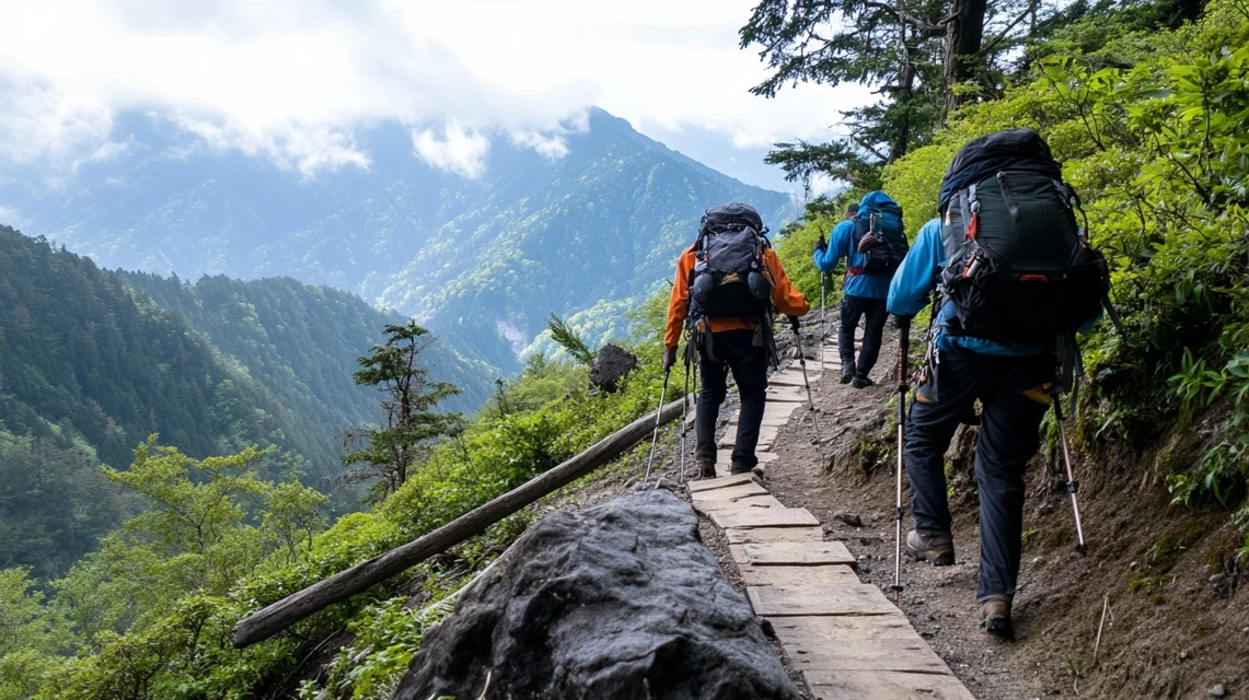 琵琶湖バレイへ登山ルートを歩く日本人ハイカーの後ろ姿