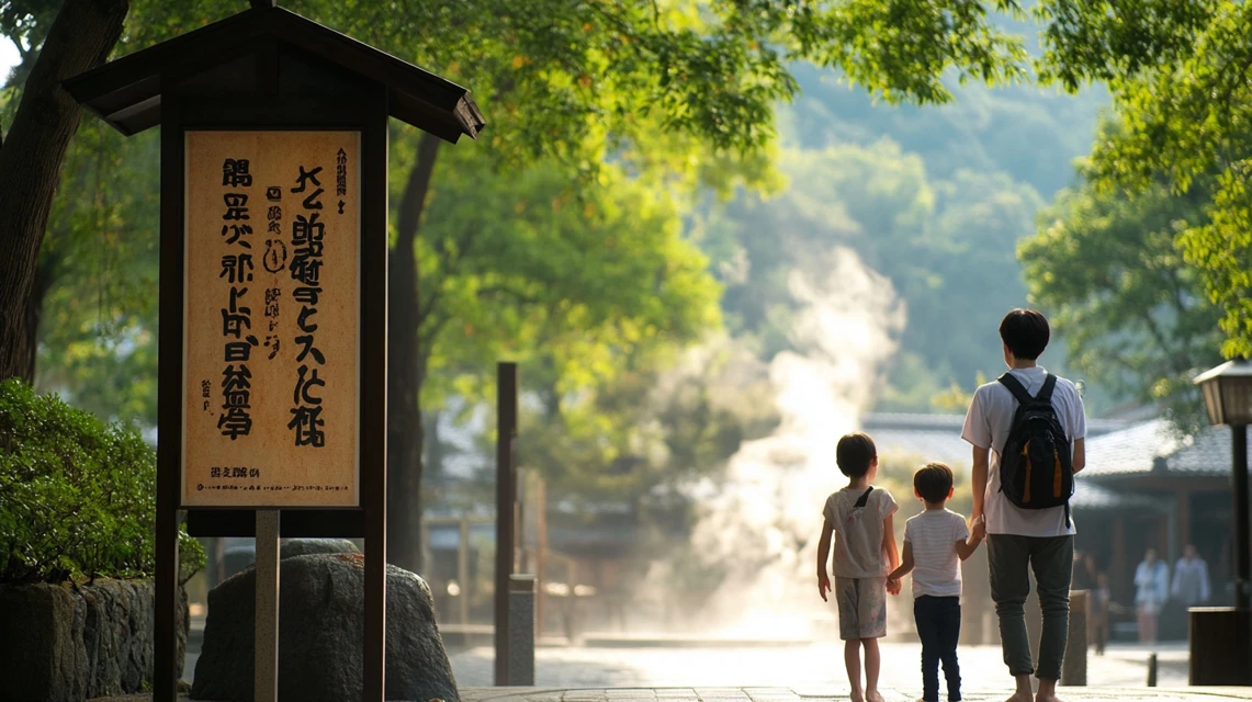 大滝の湯の料金表を確認しクーポンを使う日本人家族の姿