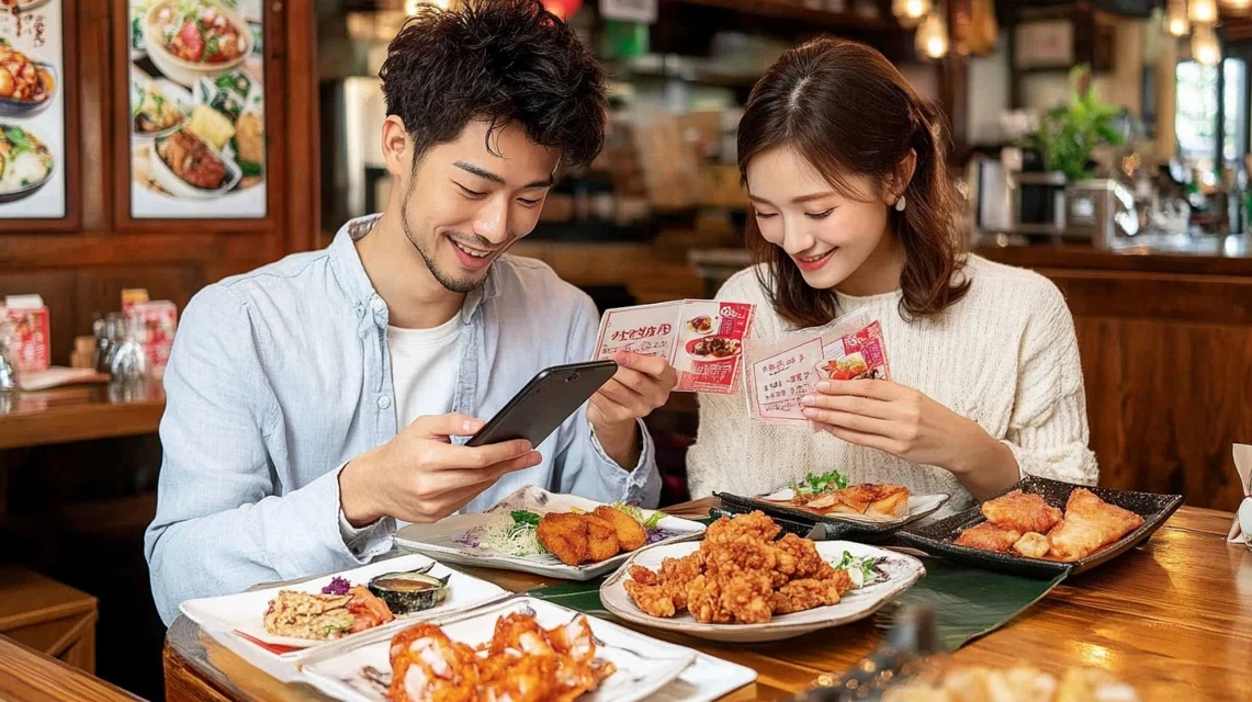 LINEクーポンを活用して餃子の王将を利用する日本人カップル
