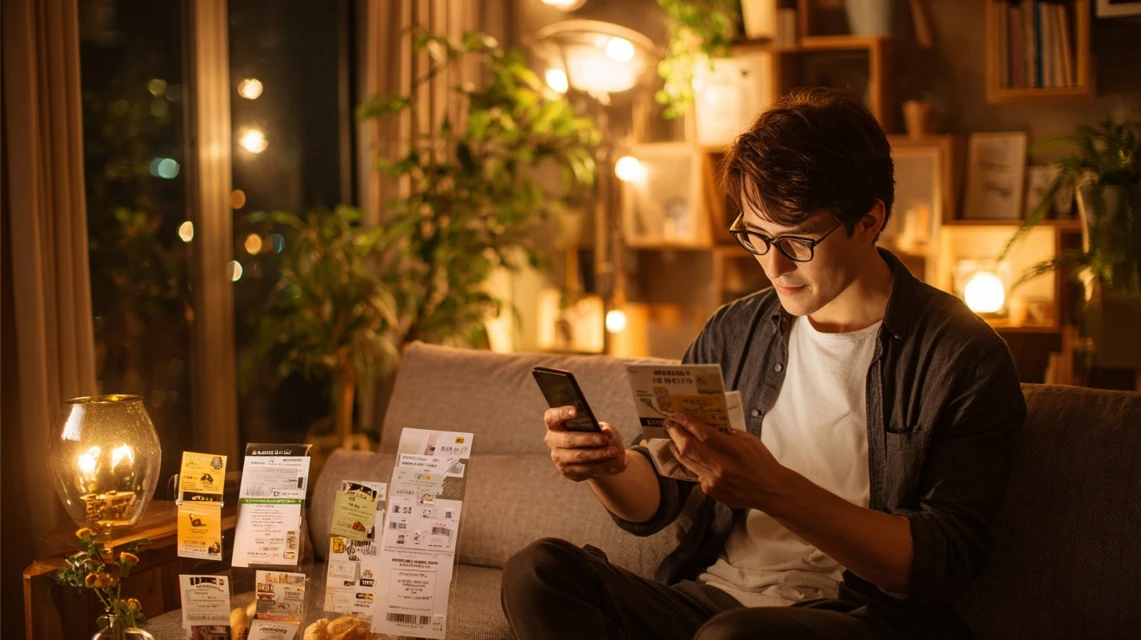 ロケットナウのクーポンコードと他サービス併用を確認する日本人男性のイメージ