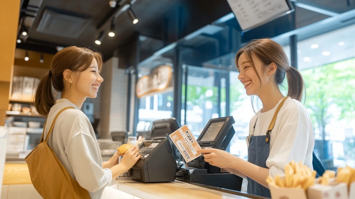 ケンタッキーのクーポン利用を質問する日本人客と店員
