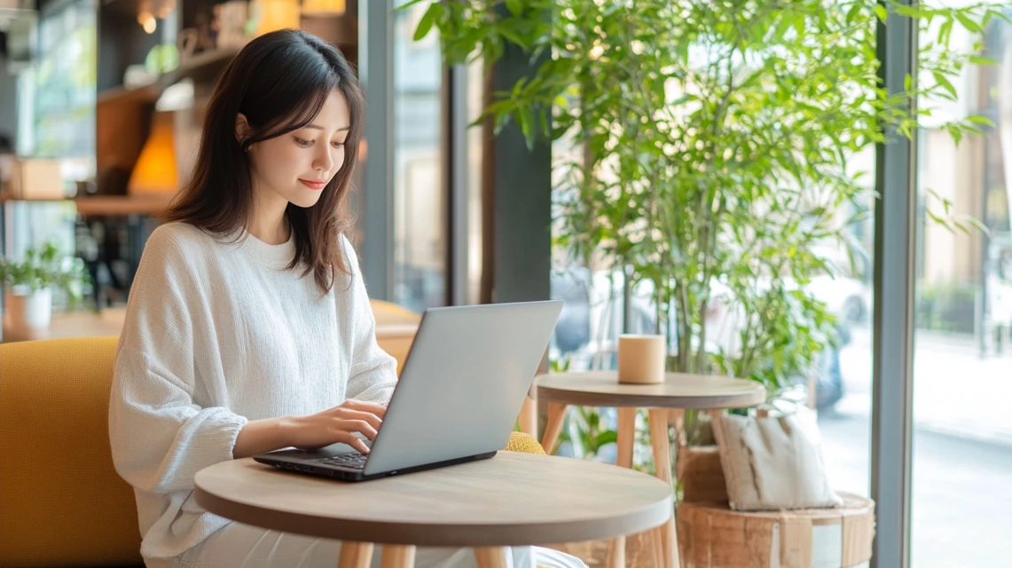 楽スパガーデン名古屋の休憩スペースでWi-Fiを使う日本人女性