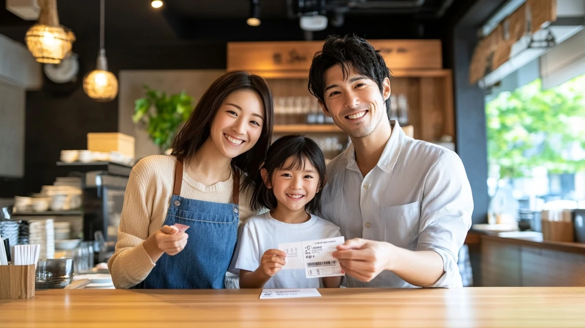 家族が割引クーポンで楽しく食事をする笑顔