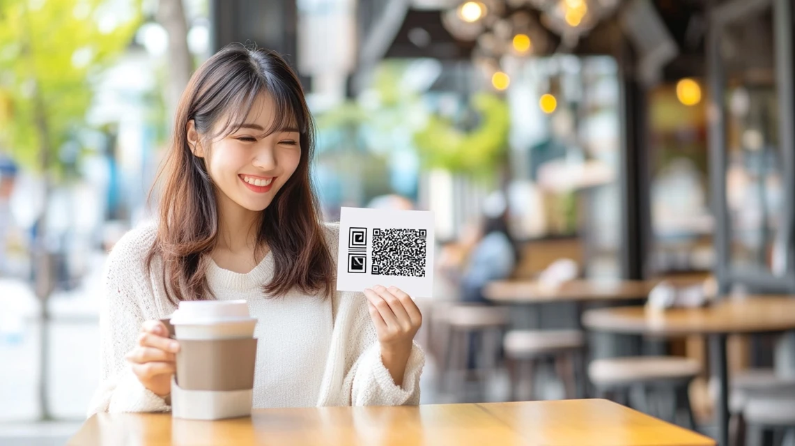 ランチクーポンを提示する日本人女性の姿