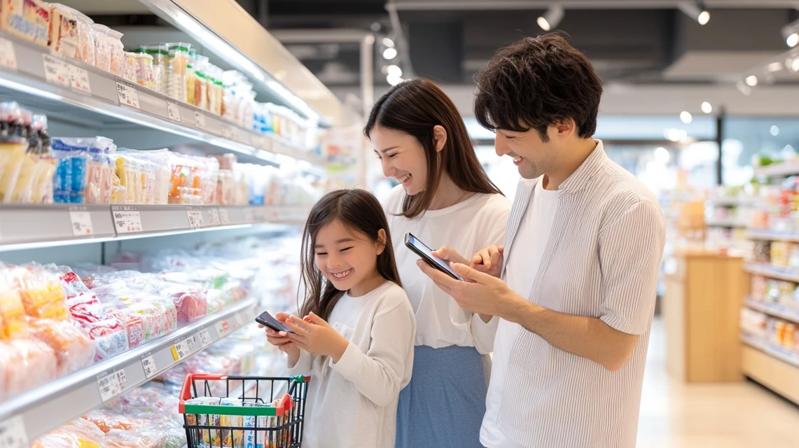 ロピアアプリでクーポンを活用し家族で買い物を楽しむ様子