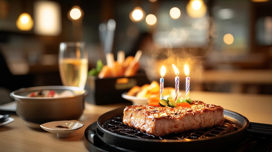 誕生日特典クーポンを使って牛角で食事を楽しむ日本人家族