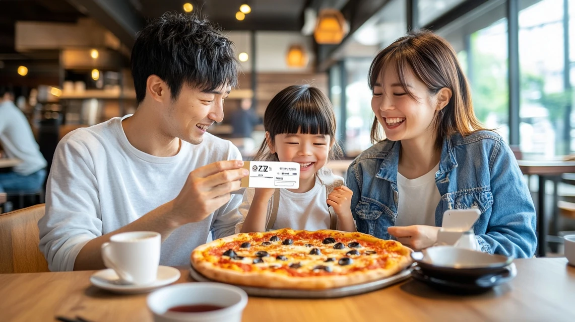 アオキーズピザの半額クーポンを使い満足する日本人家族の笑顔
