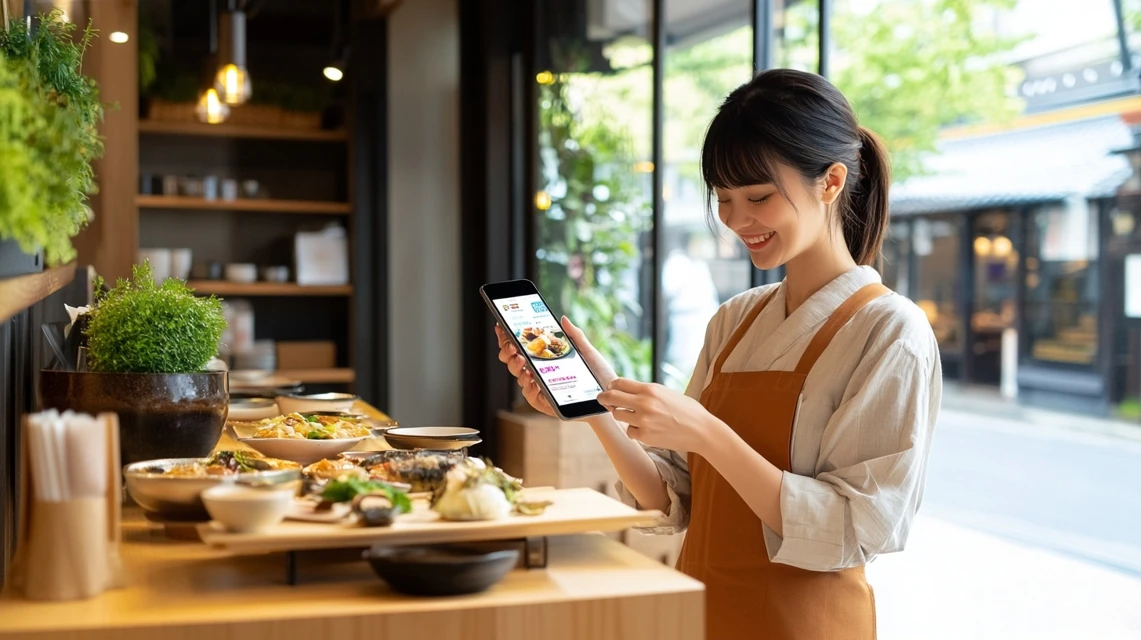 女性が楽天アプリで温野菜のクーポンを適用