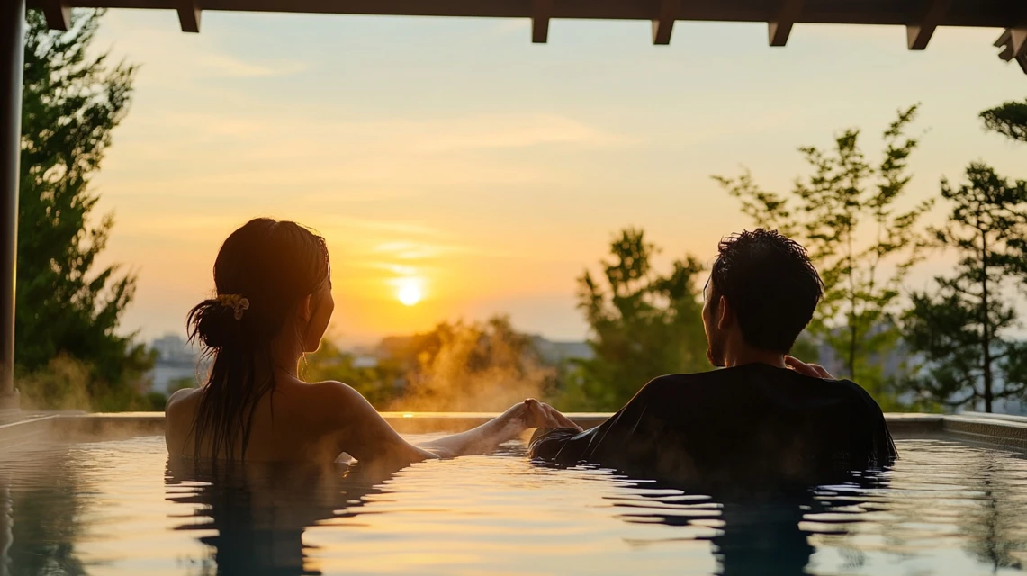 夕暮れの温泉で満足そうに過ごす日本人カップルの笑顔