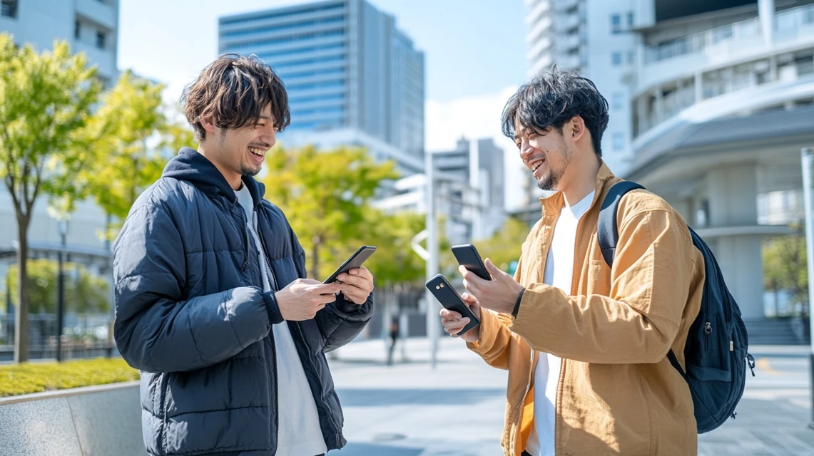 友達にみんなの競輪クーポンコードを紹介する日本人男性
