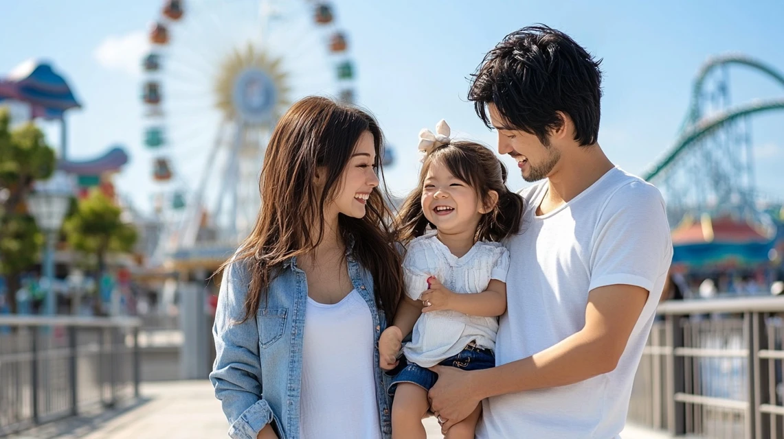 家族が割引チケットで笑顔の記念写真