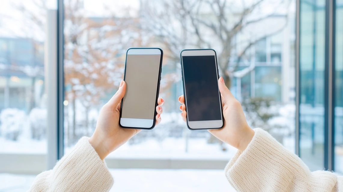 女性が2つのスマホ画面を比較している様子