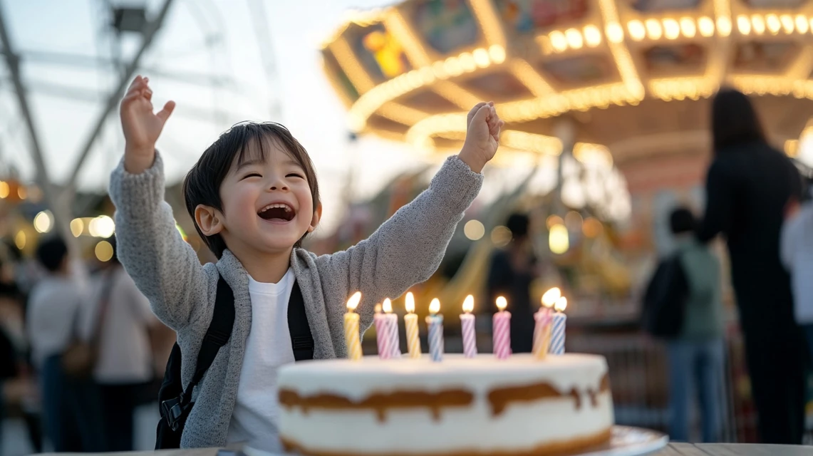 城島高原パークで誕生日を祝う日本人家族と子供の笑顔