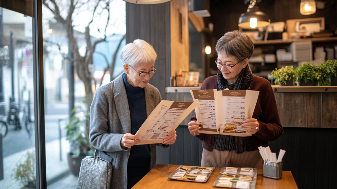 シニア夫婦がレストランのメニューを見比べる