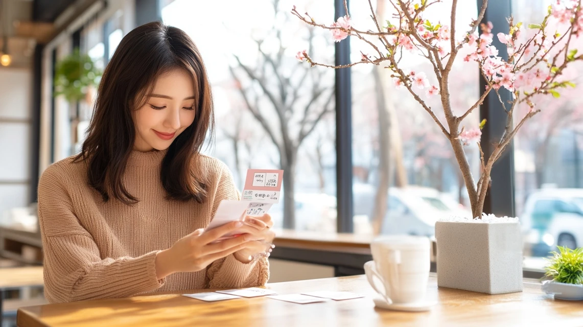 LINEでアソビューのクーポンを探す日本人女性の様子