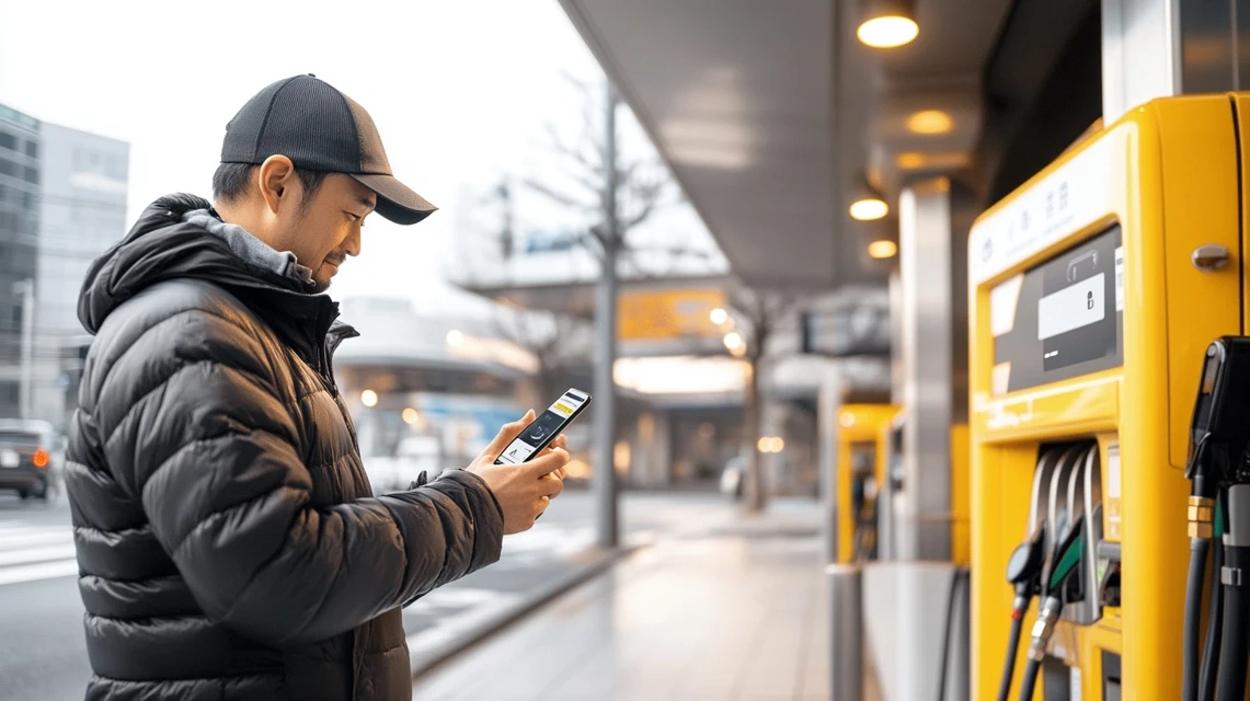 5円引きの方法を調べながらスマホを操作する日本人ドライバー