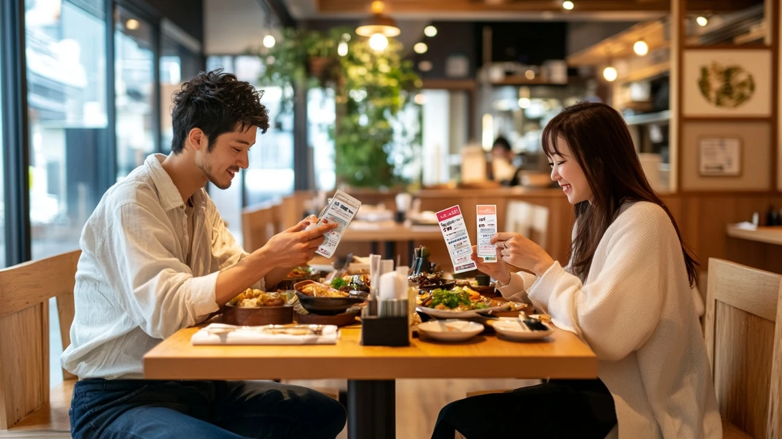 びっくりドンキーのLINEクーポンを使って食事を楽しむ日本人カップル
