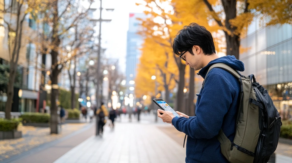 LINEとドコモ連携でポイント還元を増やす日本人男性の様子
