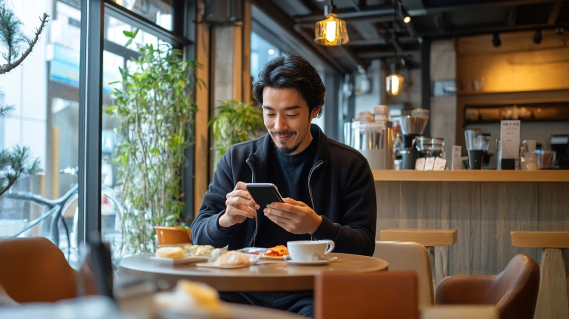 スマホでチャージスポット料金と時間を確認する日本人男性

