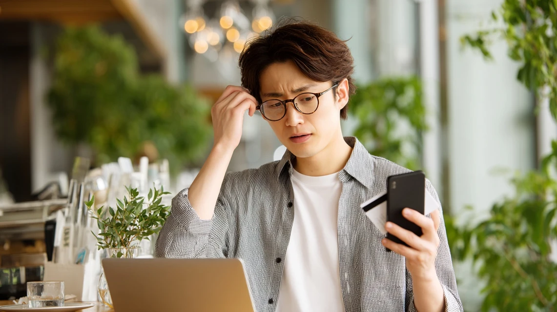 ロケットナウの初回クーポンが消えて原因をスマホで確認する日本人男性の様子