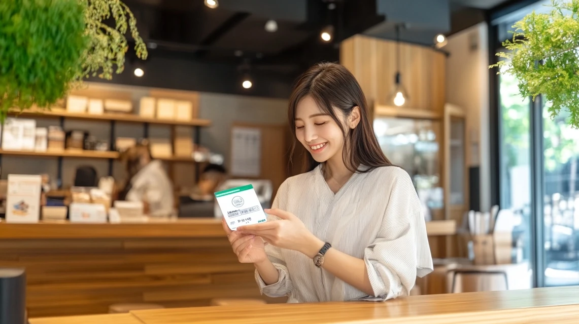 松のや500円クーポンをスマホで取得する日本人女性