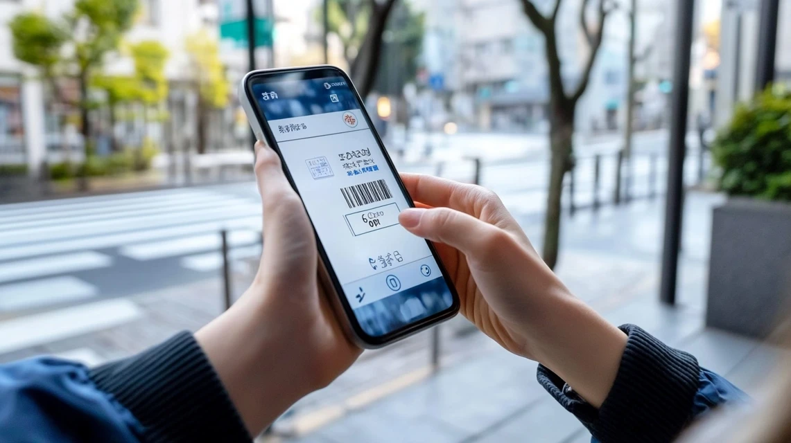 日本人がスマホ画面でクーポンコードを確認している様子
