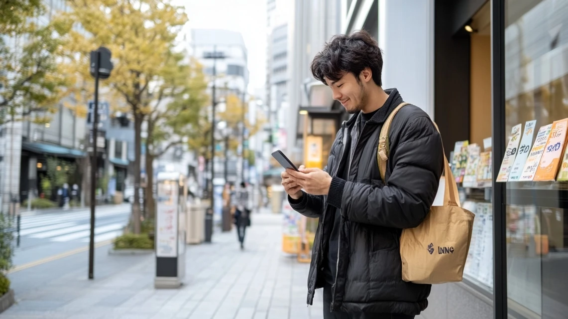 アプリとLINEのクーポンを比較する日本人男性