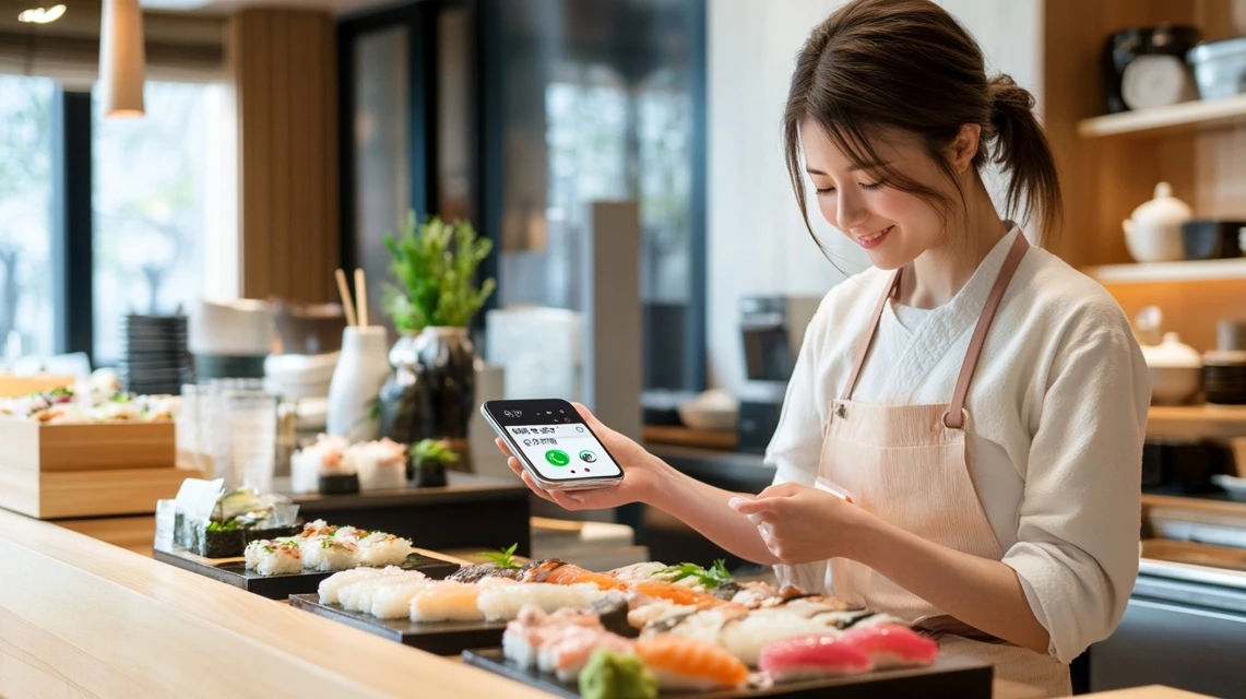 従業員割引を確認する日本人スタッフのスマホ操作