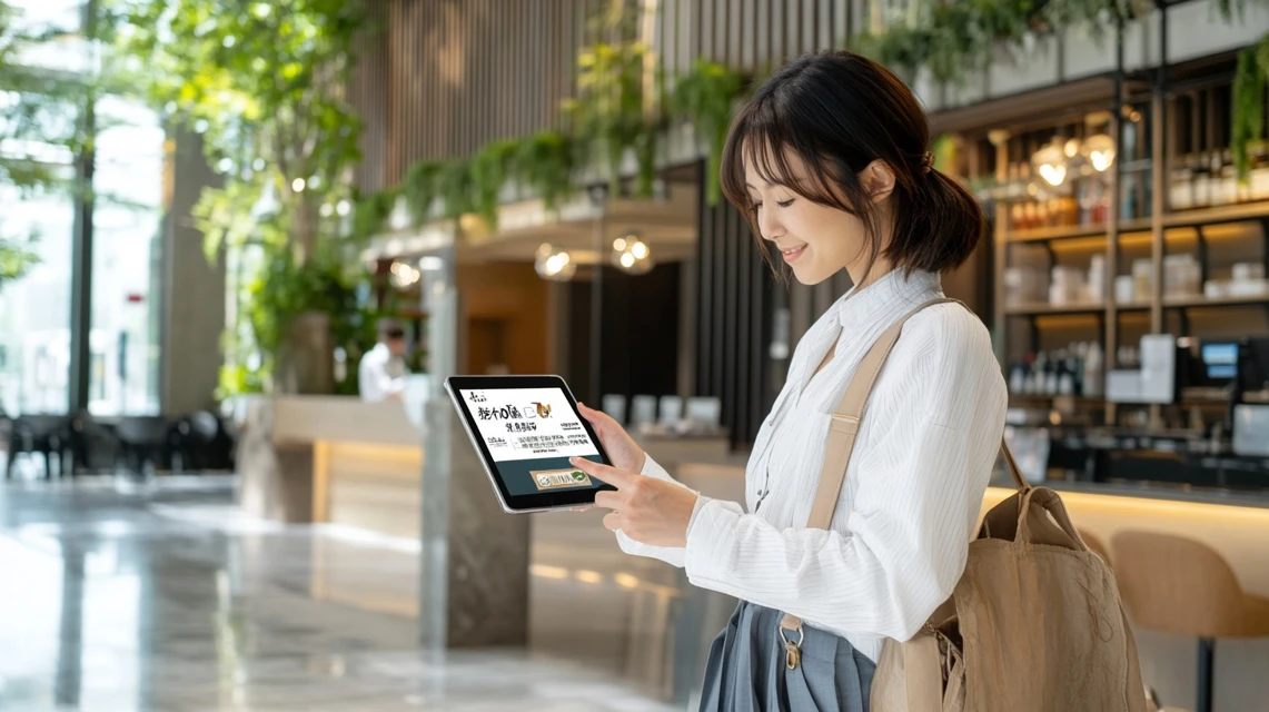 アワードセレクションのeクーポンについて説明を受ける日本人の様子
